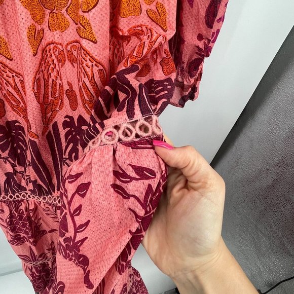 Farm Rio Womens Dress XL Ainika Print Macaws Maxi Dress Puff Sleeve Tassel Tie - Picture 10 of 16